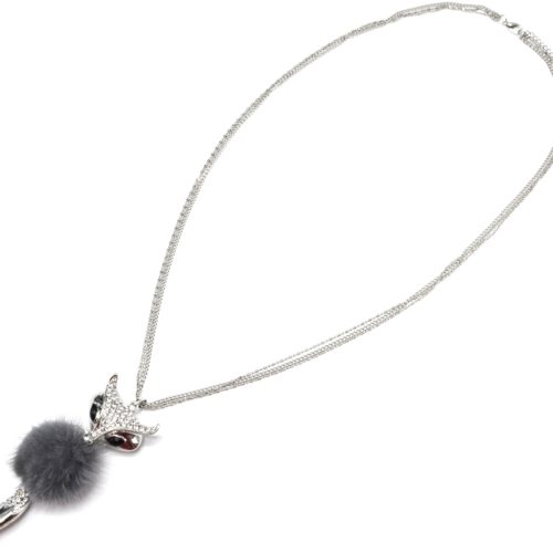 Sautoir-Collier-Pendentif-Renard-Tete-et-Queue-Strass-Argente-avec-Pompon-Fourrure-Gris