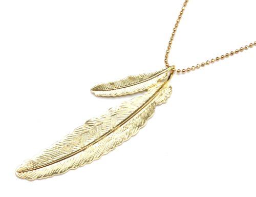 Sautoir-Collier-Chaine-Brillante-avec-Pendentif-Double-Plume-Ethnique-Relief-Metal-Dore