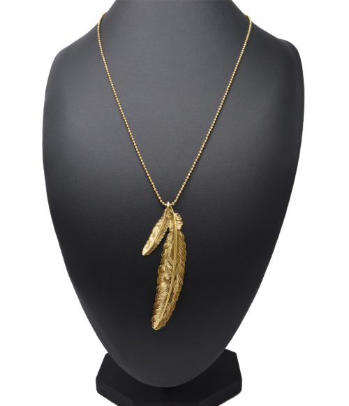 Sautoir-Collier-Chaine-Brillante-avec-Pendentif-Double-Plume-Ethnique-Relief-Metal-Dore