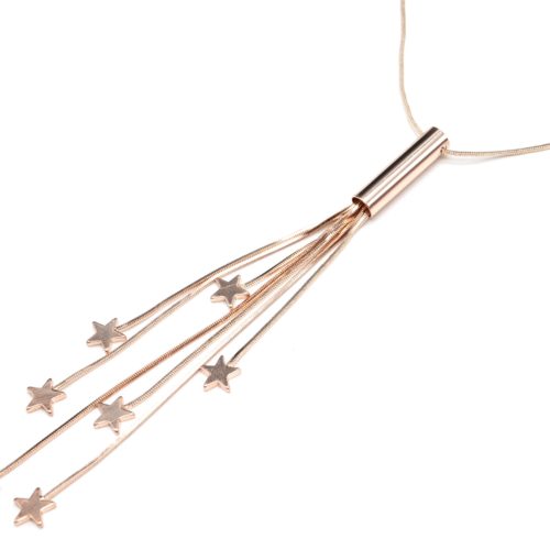 Sautoir-Collier-Pendentif-Tube-Metal-avec-Chaines-Pendantes-et-Etoiles-Or-Rose