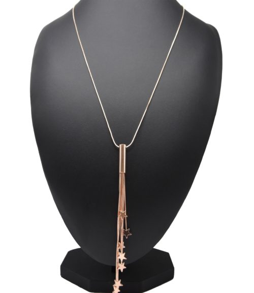 Sautoir-Collier-Pendentif-Tube-Metal-avec-Chaines-Pendantes-et-Etoiles-Or-Rose