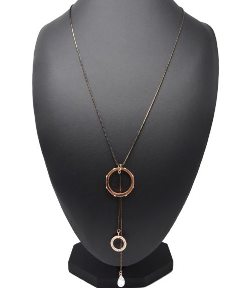 Sautoir-Collier-Fine-Chaine-Metal-Noir-avec-Pendentif-Cercles-Ouverts-Strass-Or-Rose-et-Pierre