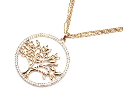 Sautoir-Collier-Multi-Chaines-et-Pendentif-Arbre-de-Vie-Metal-Contour-Cercle-Strass-Dore