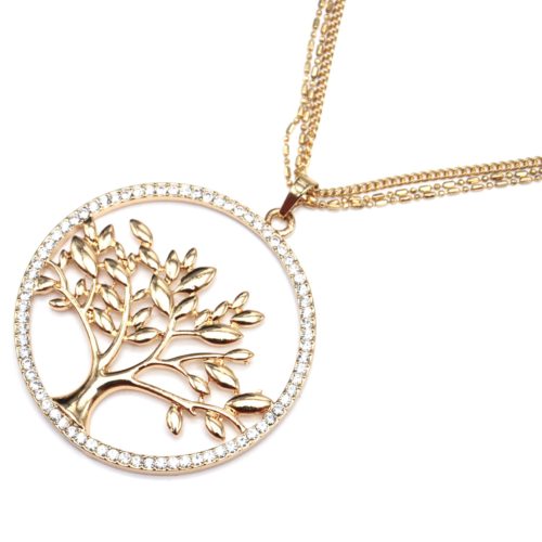 Sautoir-Collier-Multi-Chaines-et-Pendentif-Arbre-de-Vie-Metal-Contour-Cercle-Strass-Dore