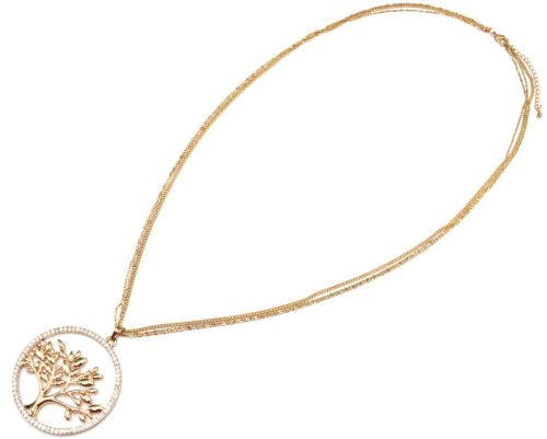 Sautoir-Collier-Multi-Chaines-et-Pendentif-Arbre-de-Vie-Metal-Contour-Cercle-Strass-Dore