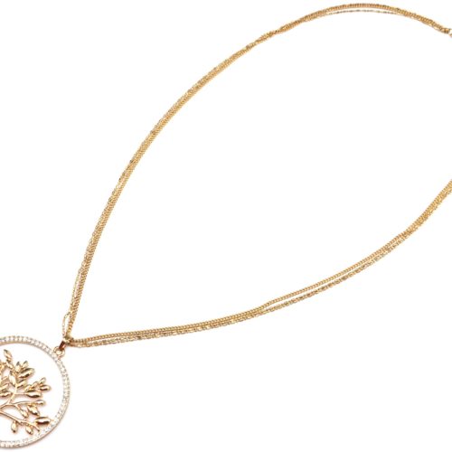 Sautoir-Collier-Multi-Chaines-et-Pendentif-Arbre-de-Vie-Metal-Contour-Cercle-Strass-Dore