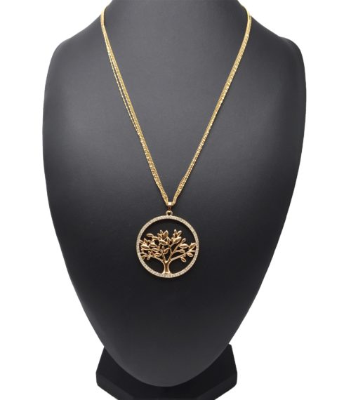 Sautoir-Collier-Multi-Chaines-et-Pendentif-Arbre-de-Vie-Metal-Contour-Cercle-Strass-Dore