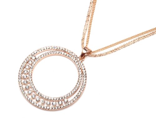 Sautoir-Collier-Multi-Chaines-avec-Pendentif-Double-Cercle-Contour-Strass-Or-Rose