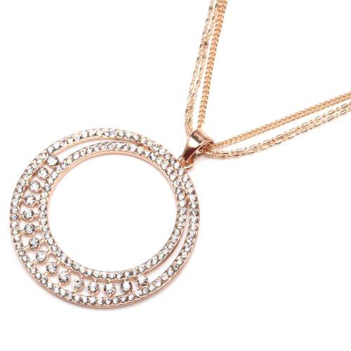 Sautoir-Collier-Multi-Chaines-avec-Pendentif-Double-Cercle-Contour-Strass-Or-Rose