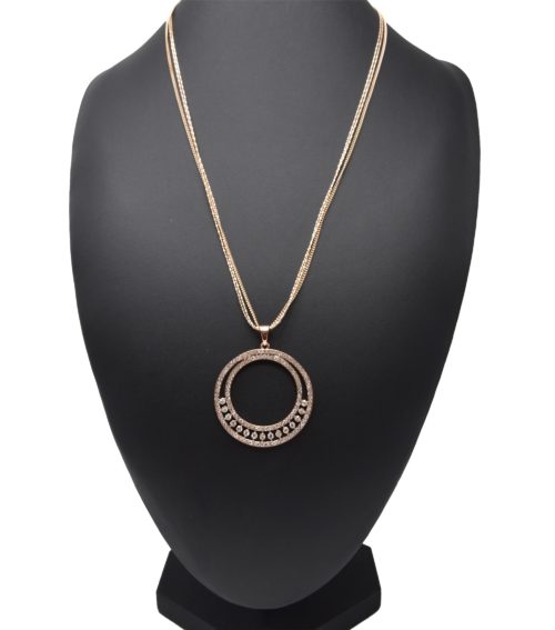 Sautoir-Collier-Multi-Chaines-avec-Pendentif-Double-Cercle-Contour-Strass-Or-Rose