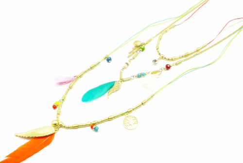 Sautoir-Collier-Multi-Chaines-Plumes-et-Charms-Ethnique-MulticoloreDore