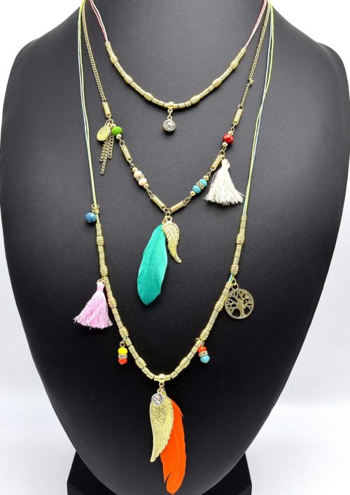 Sautoir-Collier-Multi-Chaines-Plumes-et-Charms-Ethnique-MulticoloreDore