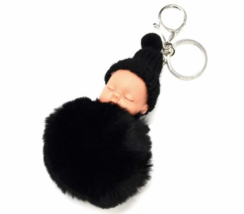 Porte-Cles-Bijou-de-Sac-Bebe-Endormi-avec-Bonnet-et-Pompon-Fourrure-Noir