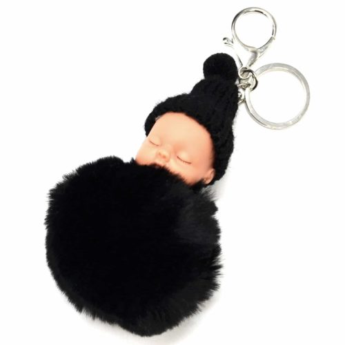 Porte-Cles-Bijou-de-Sac-Bebe-Endormi-avec-Bonnet-et-Pompon-Fourrure-Noir