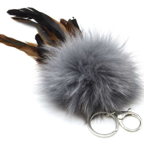 Porte-Cles-Bijou-de-Sac-Pompon-Fourrure-et-Plumes-XXL-Gris