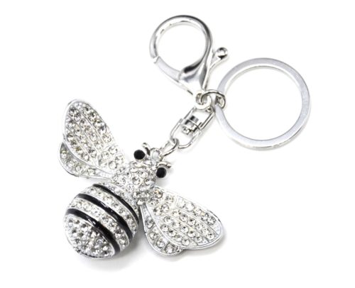 Porte-Cles-Bijou-de-Sac-Abeille-avec-Ailes-Strass-Metal-Argente-et-Rayures-Noires