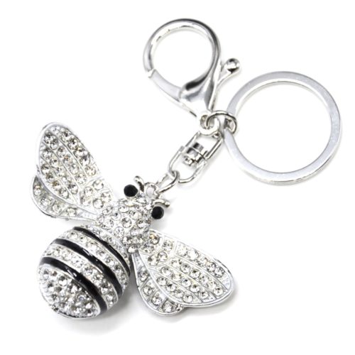 Porte-Cles-Bijou-de-Sac-Abeille-avec-Ailes-Strass-Metal-Argente-et-Rayures-Noires