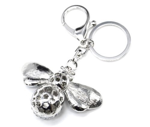 Porte-Cles-Bijou-de-Sac-Abeille-avec-Ailes-Strass-Metal-Argente-et-Rayures