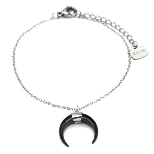 Bracelet-Fine-Chaine-Acier-Argente-avec-Charm-Corne-Lune-Resine-Noire