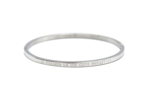 Bracelet-Jonc-Fin-Acier-Argente-avec-Message-Je-Prends-La-Vie-Cote-Paillettes