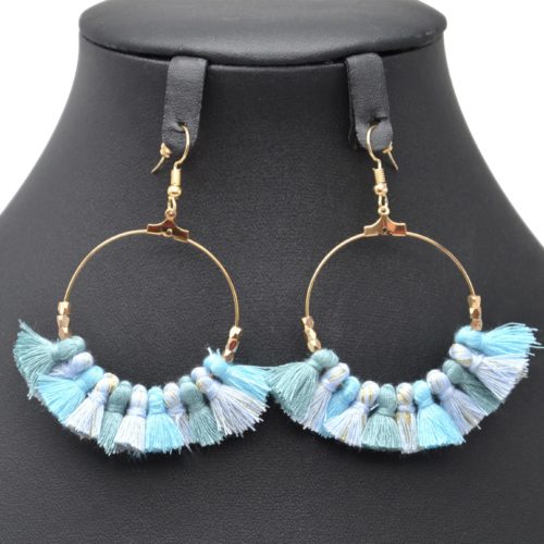 Boucles-dOreilles-Creoles-Pendantes-Metal-Dore-avec-Multi-Pompons-Turquoise-Bleu