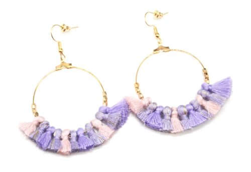 Boucles-dOreilles-Creoles-Pendantes-Metal-Dore-avec-Multi-Pompons-Lilas-Rose