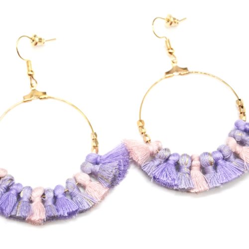 Boucles-dOreilles-Creoles-Pendantes-Metal-Dore-avec-Multi-Pompons-Lilas-Rose