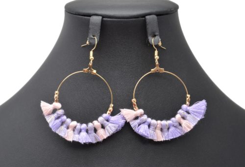 Boucles-dOreilles-Creoles-Pendantes-Metal-Dore-avec-Multi-Pompons-Lilas-Rose