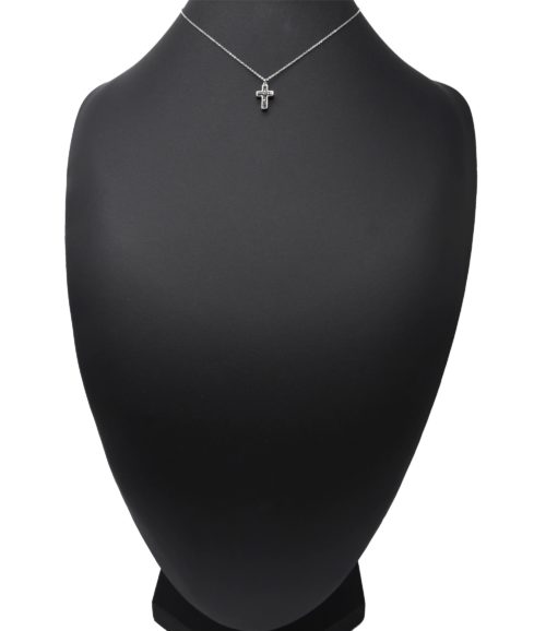 Collier-Fine-Chaine-Acier-Argente-et-Pendentif-Croix-Clous-Strass-Gris