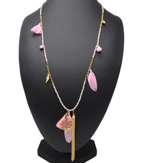 Sautoir-Collier-Mini-Perles-et-Charms-Arbre-de-Vie-Métal-Plumes-et-Pompons-Rose