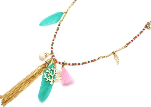 Sautoir-Collier-Mini-Perles-et-Charms-Arbre-de-Vie-Métal-Plumes-et-Pompons-Multicolore