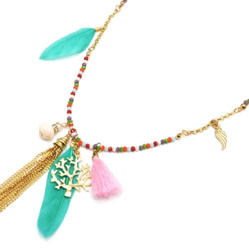 Sautoir-Collier-Mini-Perles-et-Charms-Arbre-de-Vie-Métal-Plumes-et-Pompons-Multicolore
