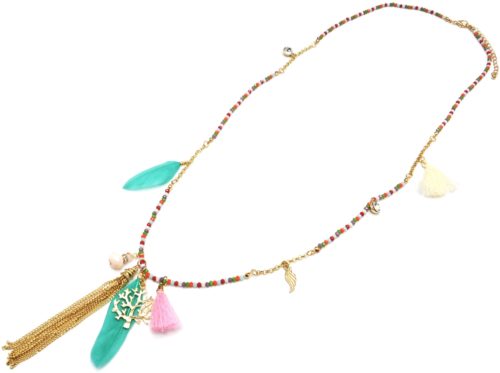 Sautoir-Collier-Mini-Perles-et-Charms-Arbre-de-Vie-Métal-Plumes-et-Pompons-Multicolore