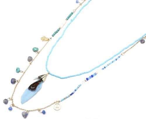 Sautoir-Collier-Double-Chaine-avec-Mini-Perles-Charms-Pierres-et-Plume-Bleu
