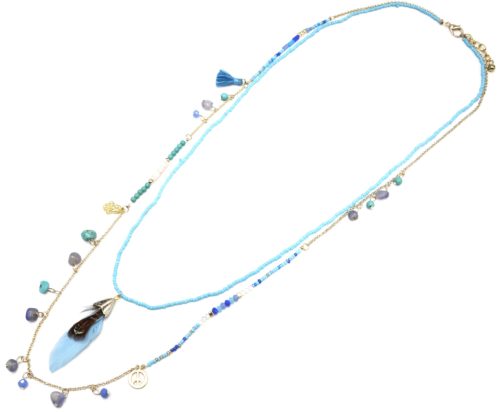 Sautoir-Collier-Double-Chaine-avec-Mini-Perles-Charms-Pierres-et-Plume-Bleu