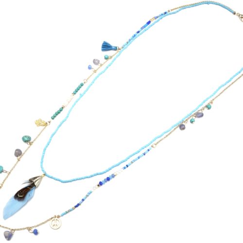 Sautoir-Collier-Double-Chaine-avec-Mini-Perles-Charms-Pierres-et-Plume-Bleu