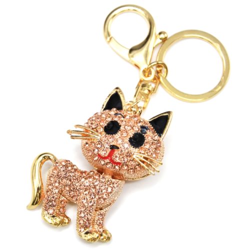 Porte-Cles-Bijou-de-Sac-Chat-Strass-Beige-et-Metal-Dore