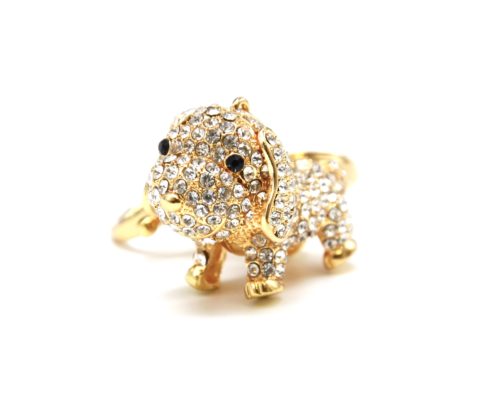 Porte-Cles-Bijou-de-Sac-Chien-Articule-Strass-et-Metal-Dore