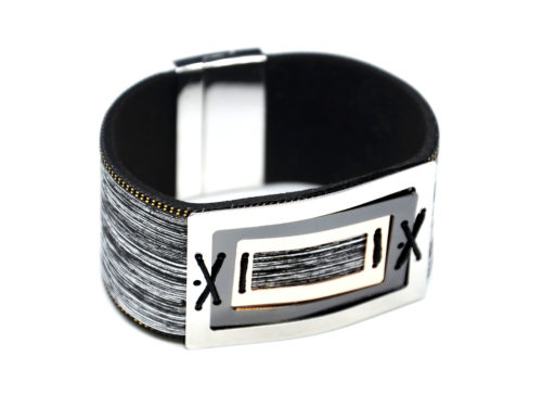Bracelet-Manchette-Feutrine-Tissu-Satine-Noir-avec-Multi-Rectangles-Metal-Tricolore