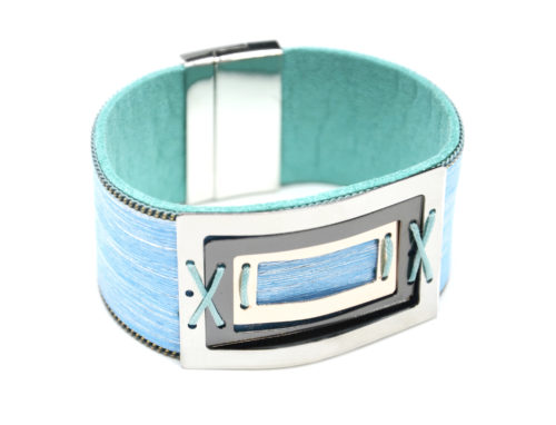 Bracelet-Manchette-Feutrine-Tissu-Satine-Bleu-avec-Multi-Rectangles-Metal-Tricolore