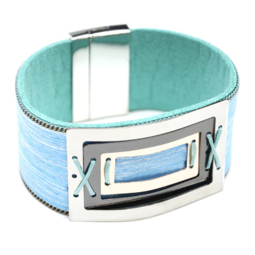 Bracelet-Manchette-Feutrine-Tissu-Satine-Bleu-avec-Multi-Rectangles-Metal-Tricolore