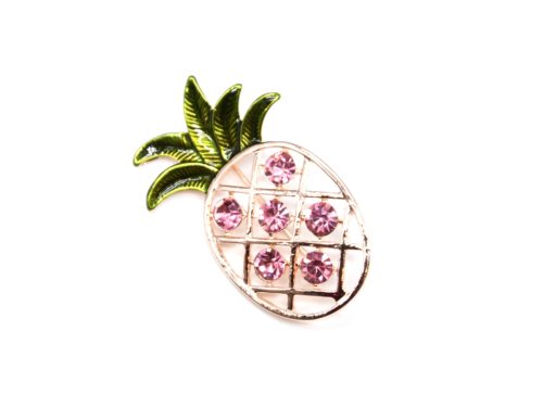 Broche-Epingle-Ananas-Ajoure-Metal-Or-Rose-avec-Pierres-et-Feuilles-Vertes