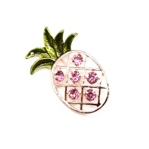 Broche-Epingle-Ananas-Ajoure-Metal-Or-Rose-avec-Pierres-et-Feuilles-Vertes