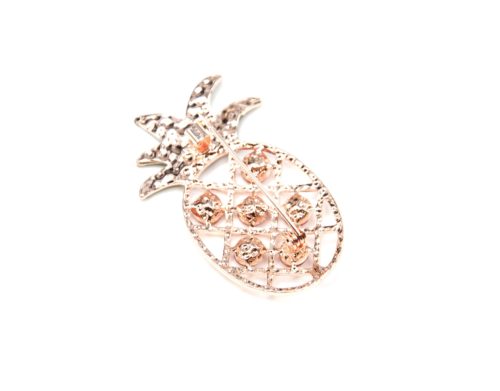 Broche-Epingle-Ananas-Ajoure-Metal-Or-Rose-avec-Pierres-et-Feuilles-Vertes