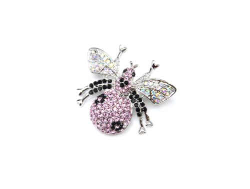 Broche-Epingle-Abeille-Strass-Rose-Noir-et-Metal-Argente