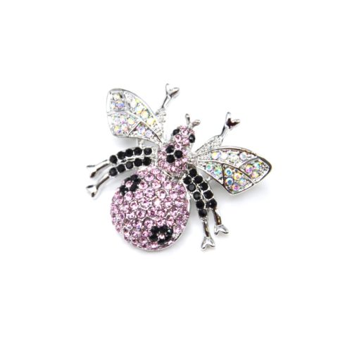 Broche-Epingle-Abeille-Strass-Rose-Noir-et-Metal-Argente