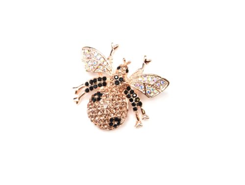 Broche-Epingle-Abeille-Strass-Noir-et-Metal-Or-Rose