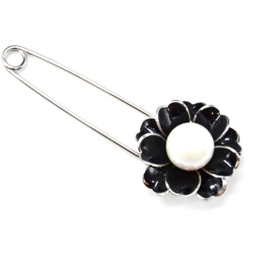 Broche-Epingle-avec-Fleur-Metal-Noir-Argente-et-Perle-Blanche