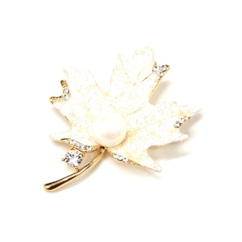 Broche-Epingle-Feuille-Metal-Peint-Blanc-Dore-avec-Paillettes-Strass-et-Perle-Ecru