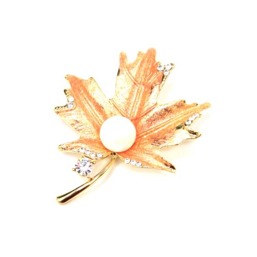 Broche-Epingle-Feuille-Metal-Peint-Orange-Dore-avec-Paillettes-Strass-et-Perle-Ecru